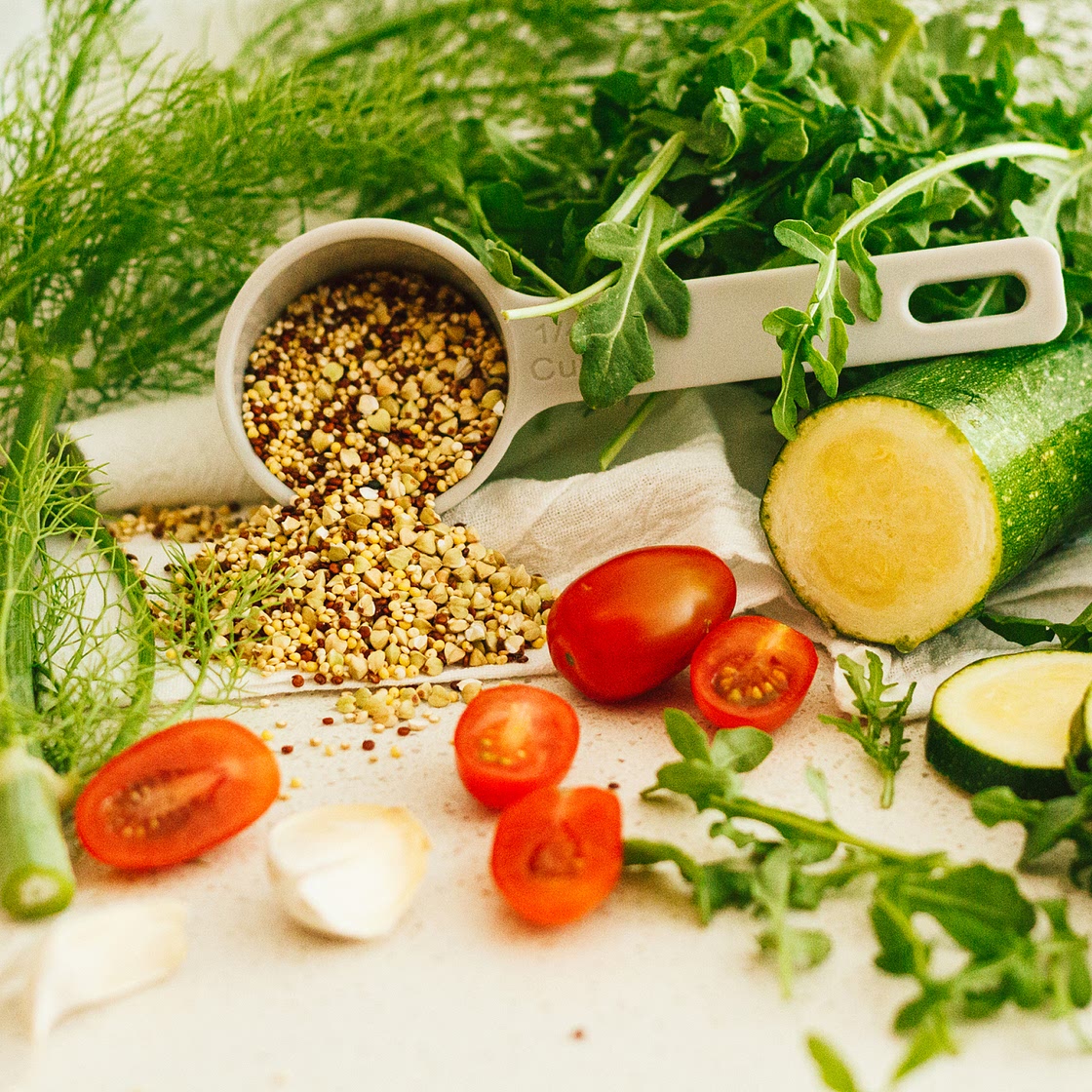 Arugula, Cherry Tomato, and Sautéed Zucchini Quinoa Salad