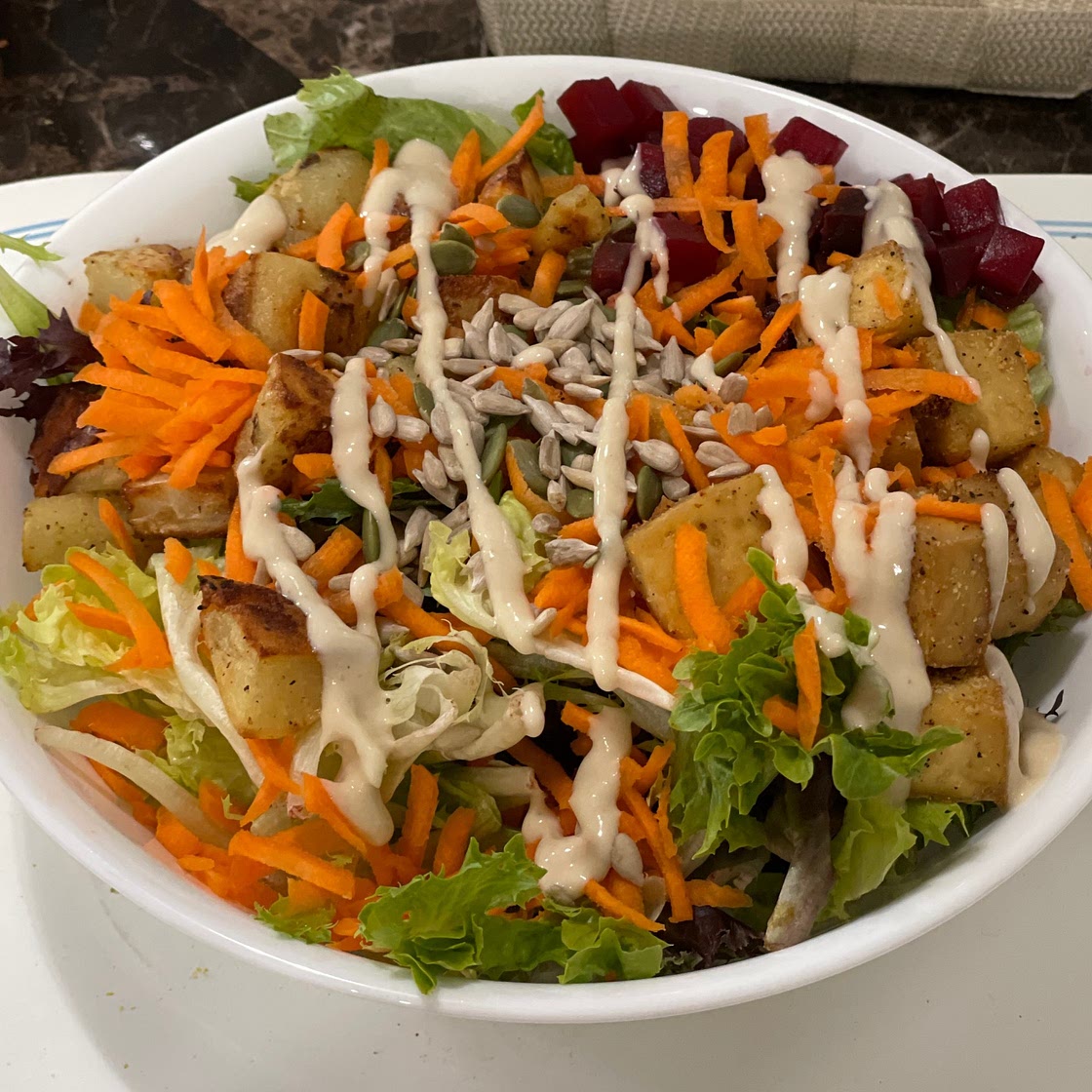 Carrot and Beet Kale Salad with Roasted Potatoes