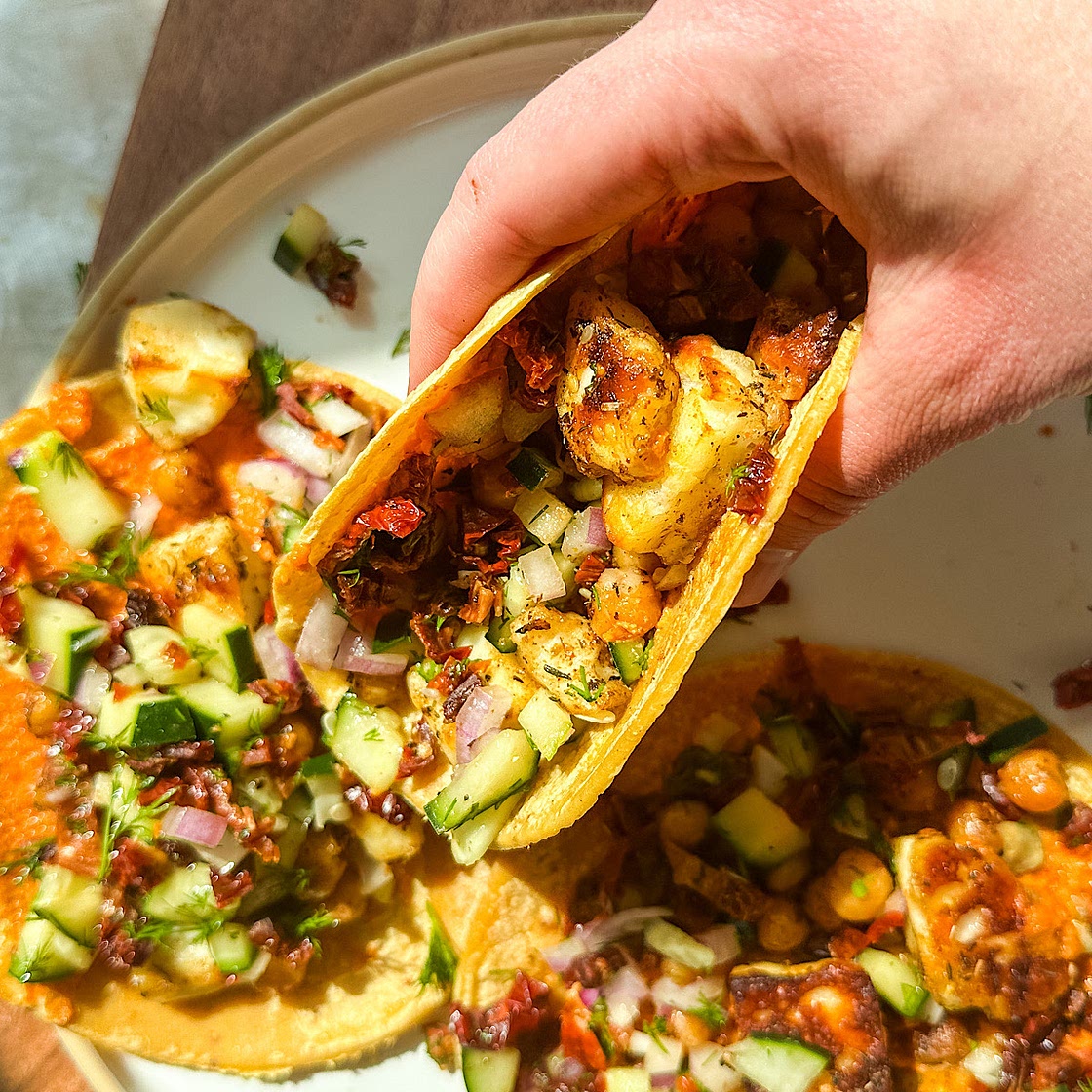 Halloumi and Chickpea Tacos with Cucumber Salsa