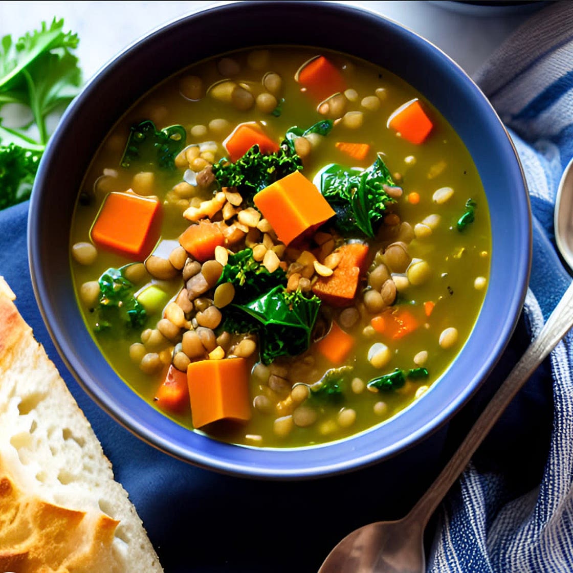 classic lentil soup with farro and kale in the Instant Pot