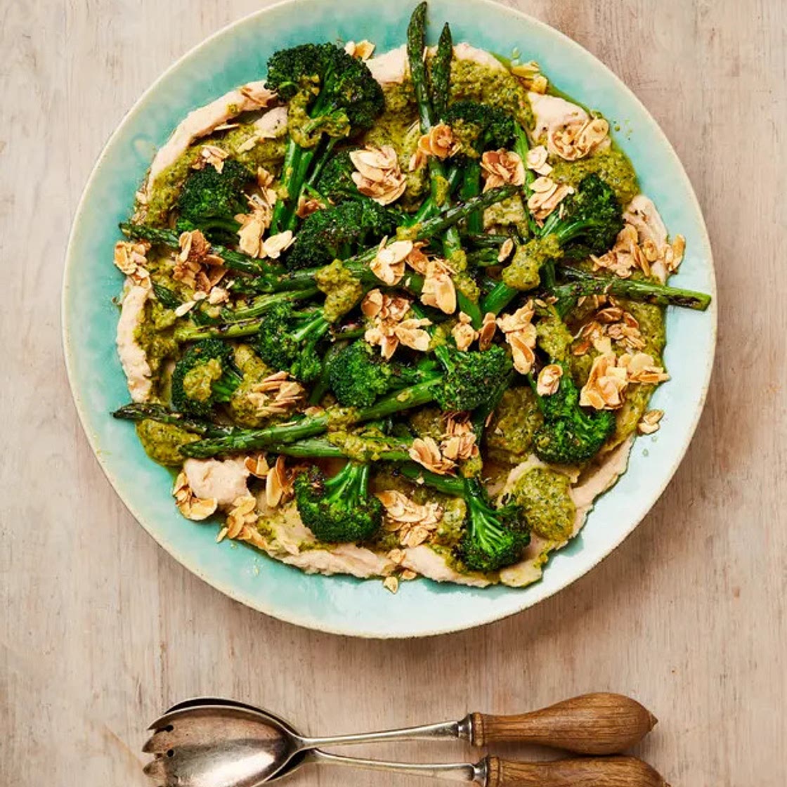 Grilled broccolini and asparagus with green pepper salsa and butter beans