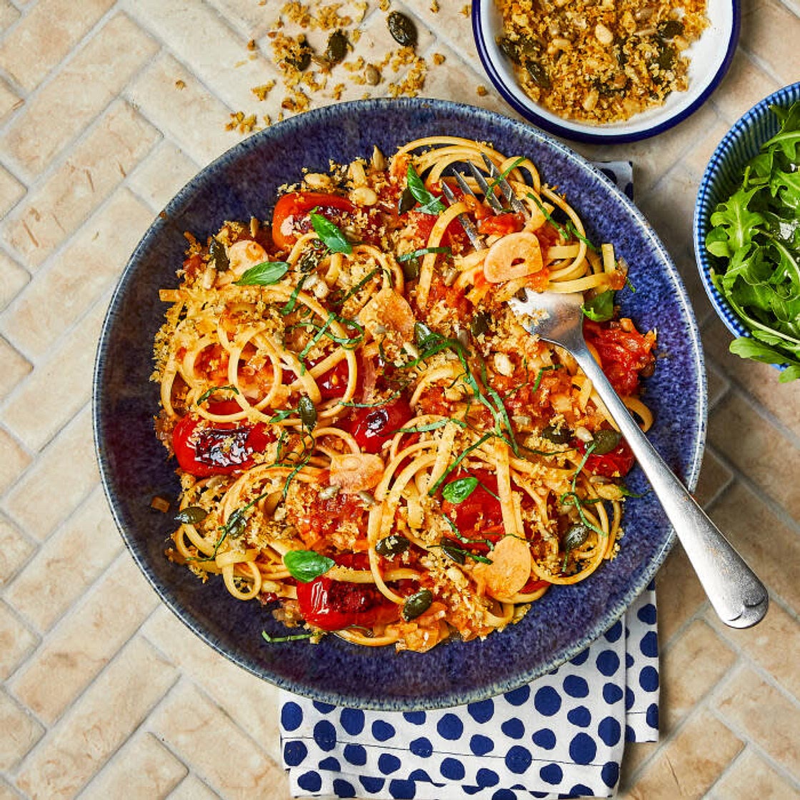 Roasted tomato linguine with pine nut and seed pangrattato