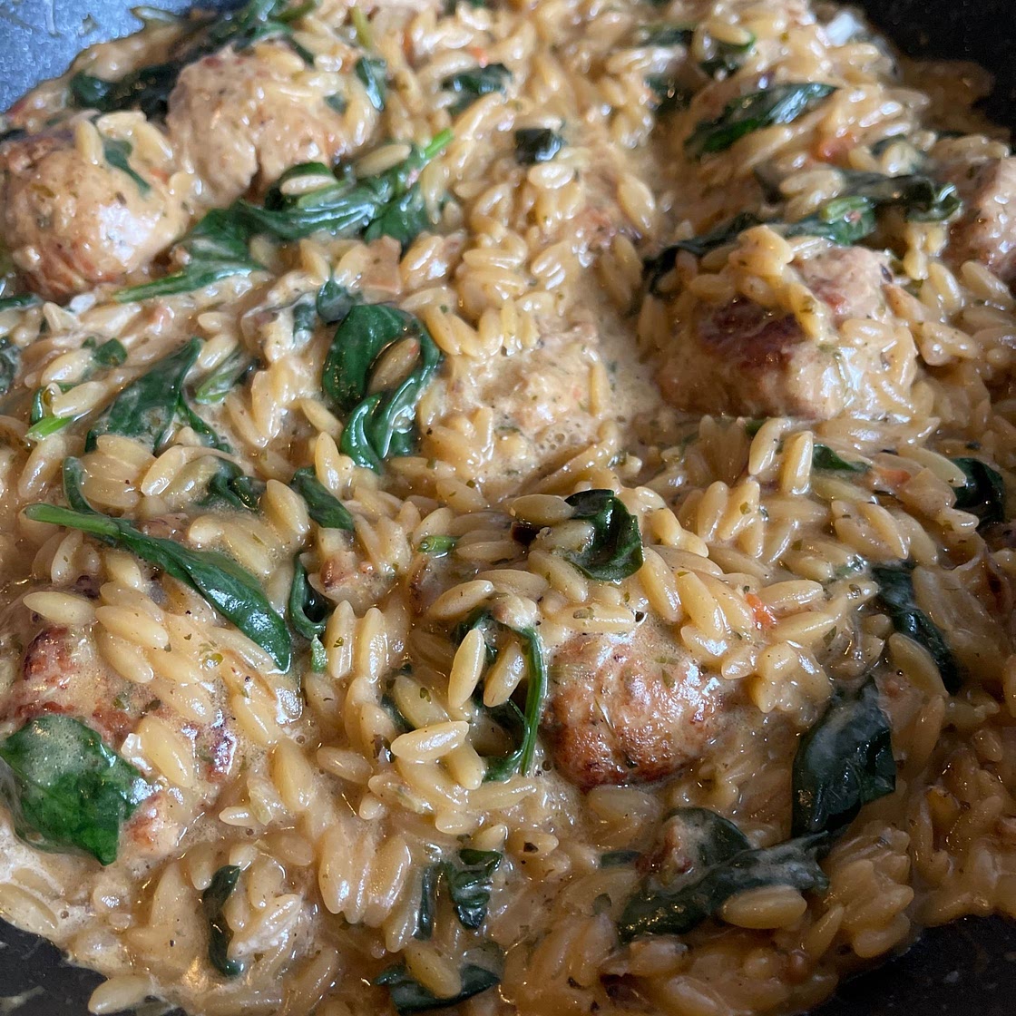 Crockpot Garlic Butter Chicken Meatballs with Creamy Orzo