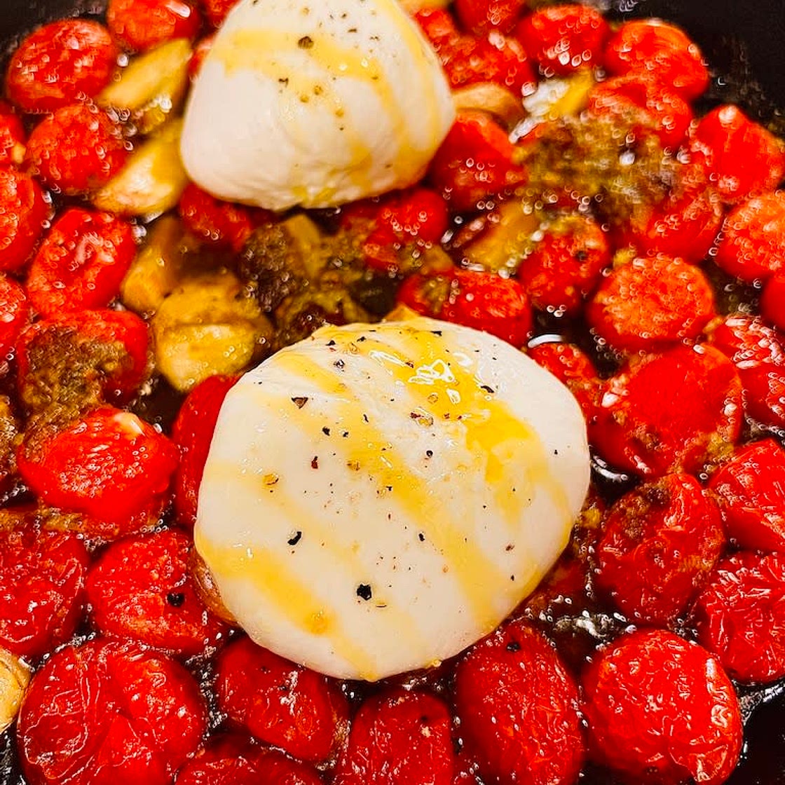Baked Burrata and Tomatoes with Pesto