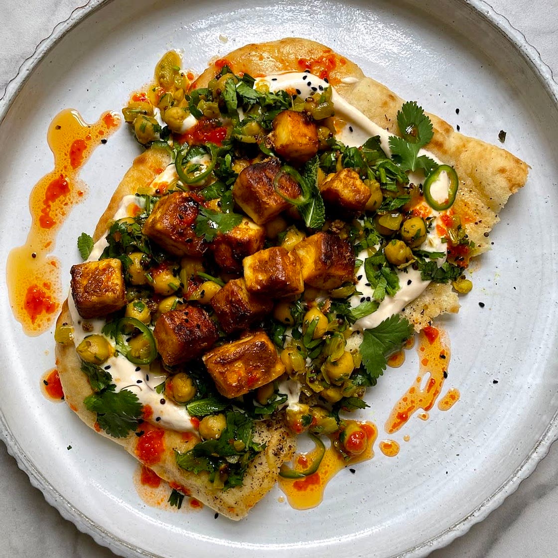 BBQ paneer flatbreads with chickpea and coriander salad