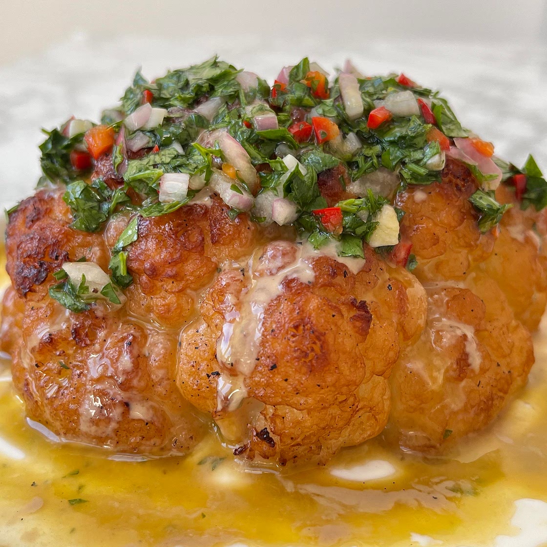 WHOLE ROASTED CAULIFLOWER WITH TAHINI AND CHIMICHURRI — Desert I