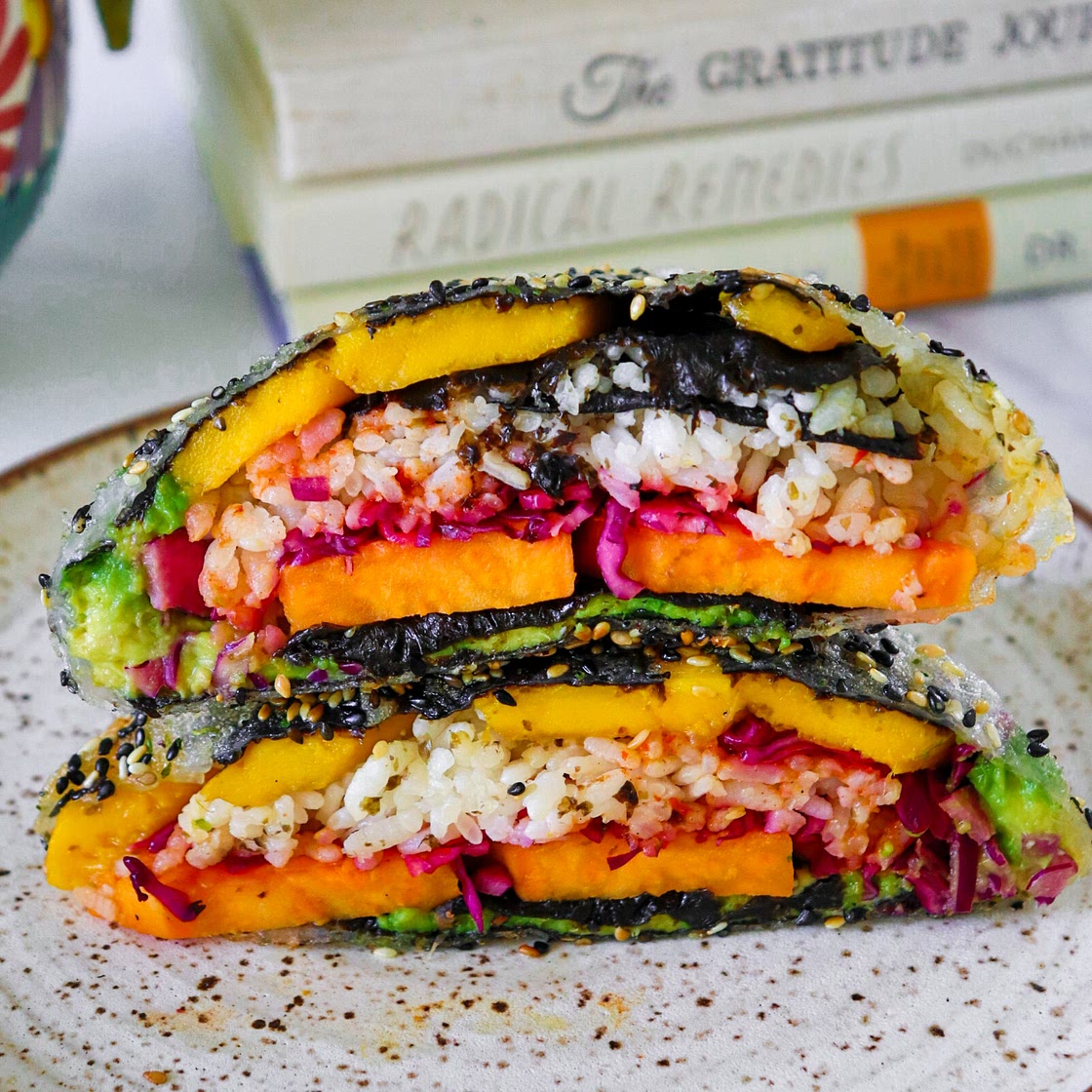 Crispy Rice Paper Rainbow Onigirazu (vegan sushi sandwich)