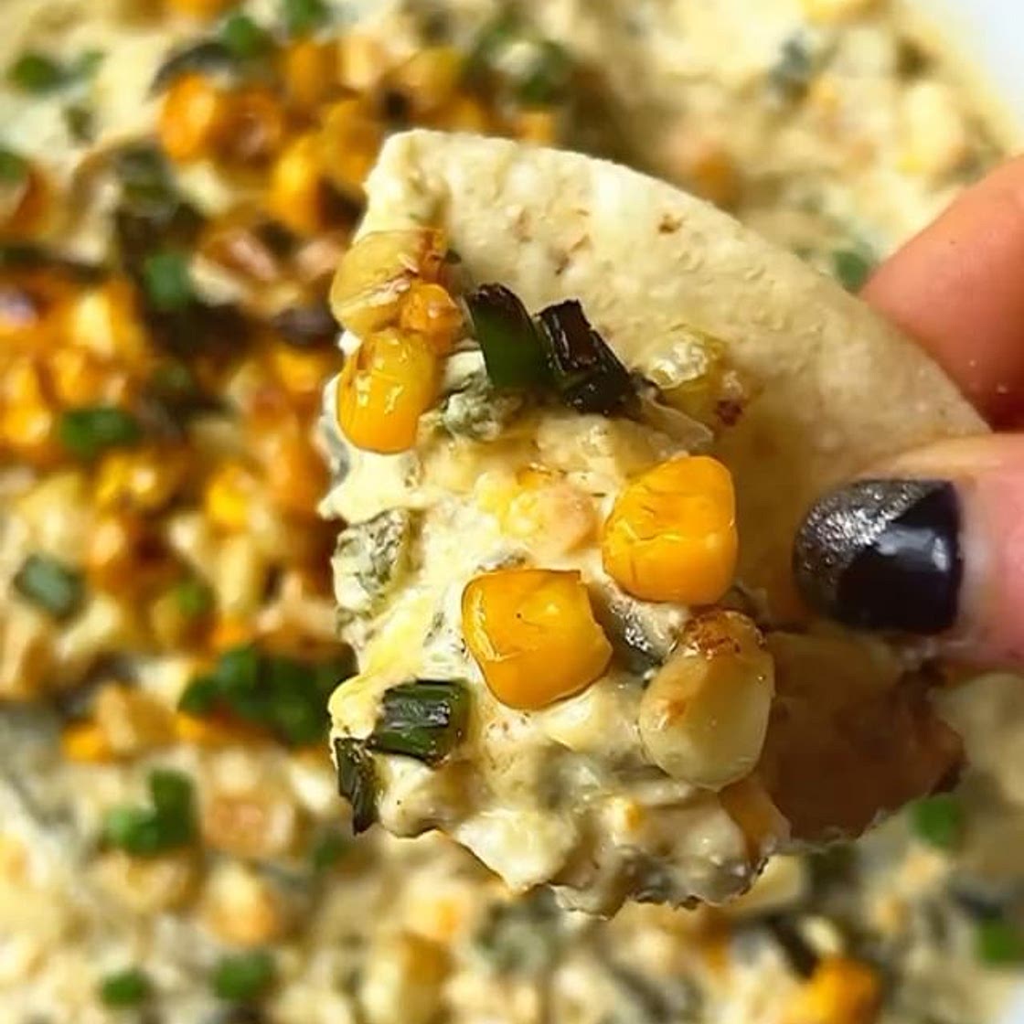 WHIPPED RICOTTA-FETA DIP WITH ROASTED POBLANO, CORN &amp; BASIL.