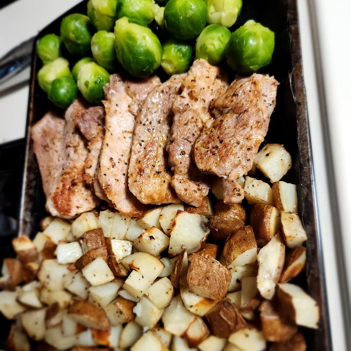 Steakhouse-Style Pork Chops with a Creamy Pan Sauce, Roasted Potatoes & Lemony Broccoli