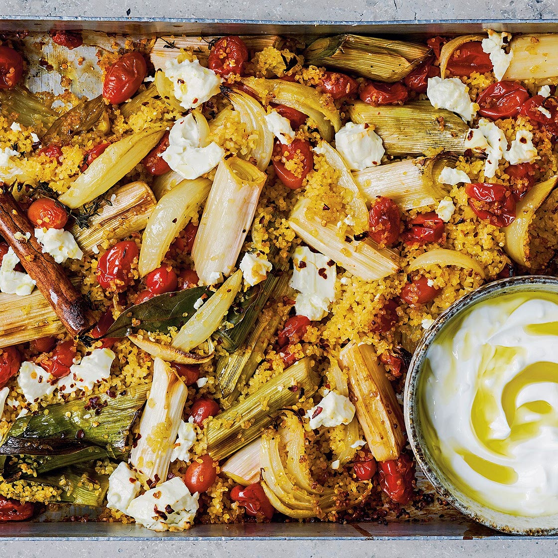 Baked leeks, tomatoes, bulgur wheat and feta with garlic yogurt 
