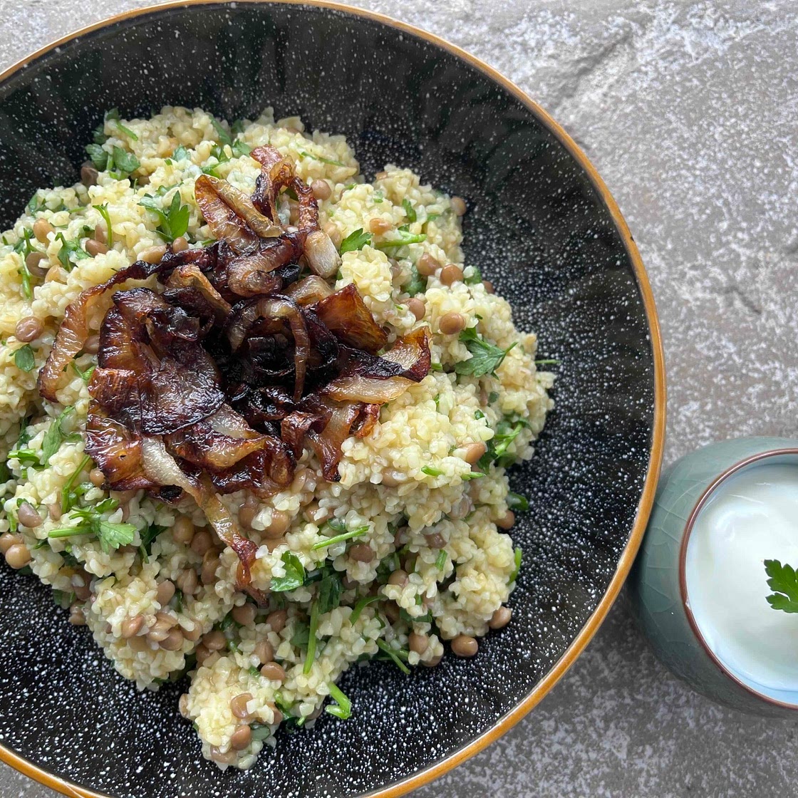 Lentils & Bulgar Wheat with Caramelised Onions