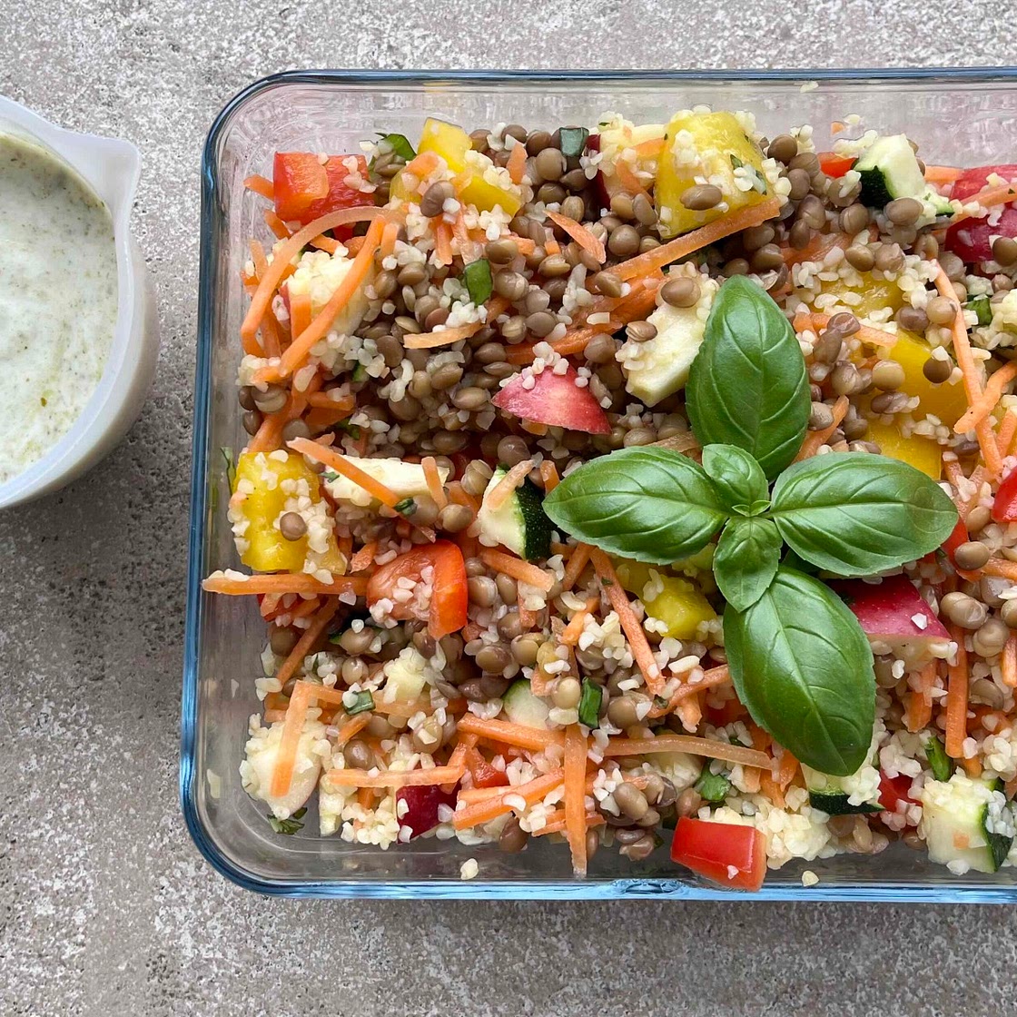 Lentil and Bulgar Wheat salad with Pesto Sauce