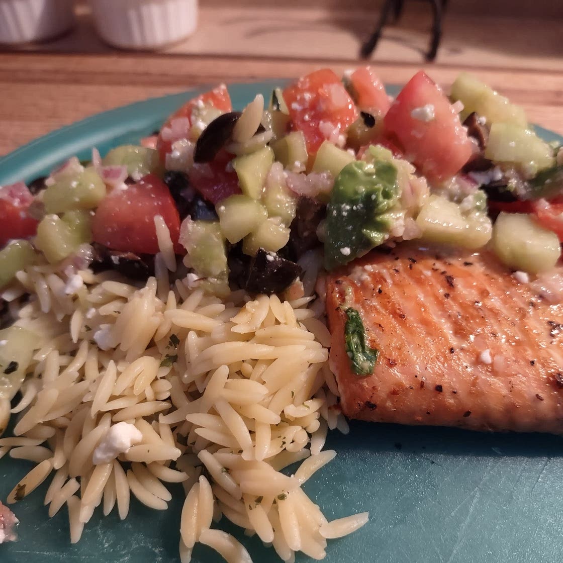 Grilled Salmon with Avocado Greek Salsa and Orzo