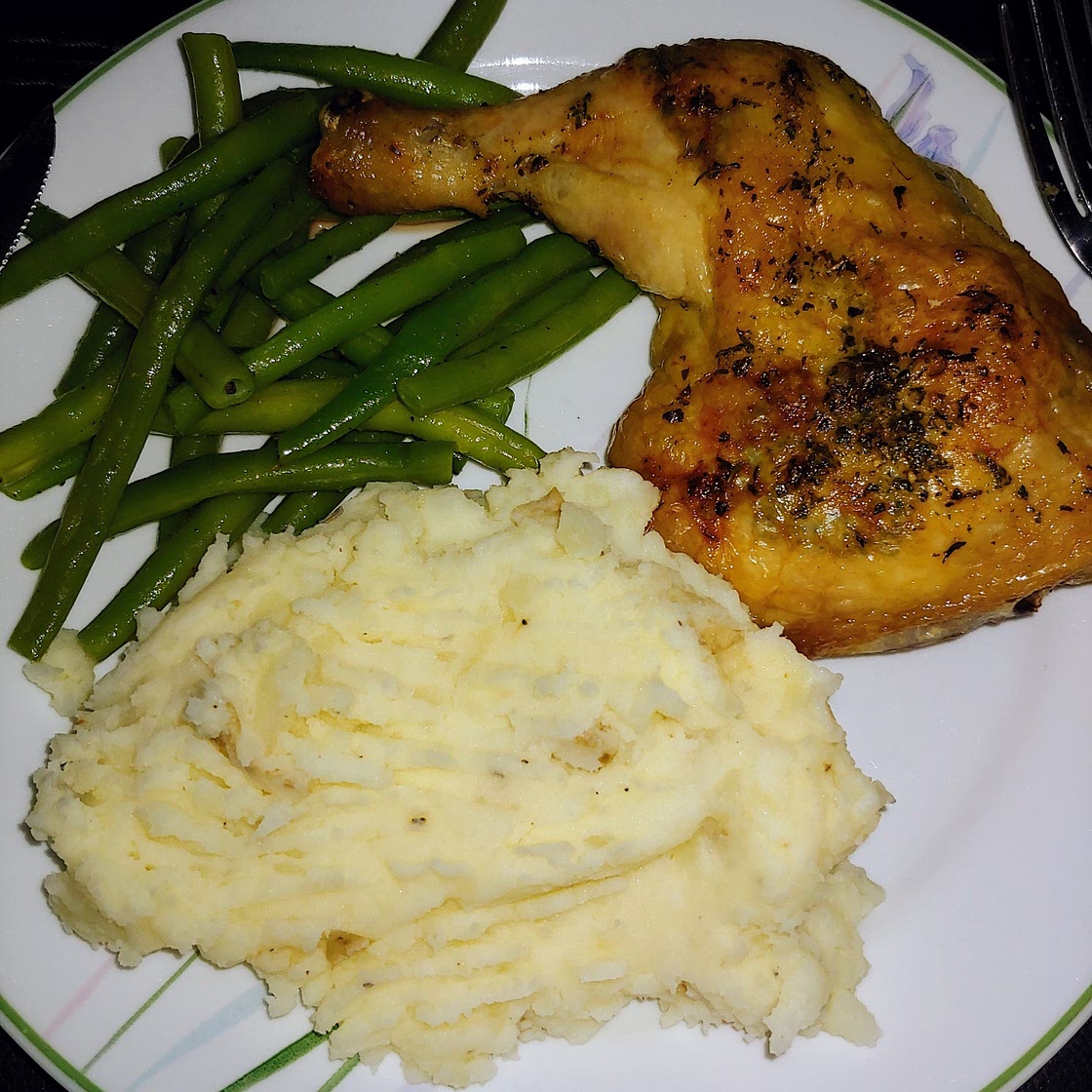 Herb-Baked Chicken Quarters with Buttery Garlic Green Beans and Creamy Mashed Potatoes
