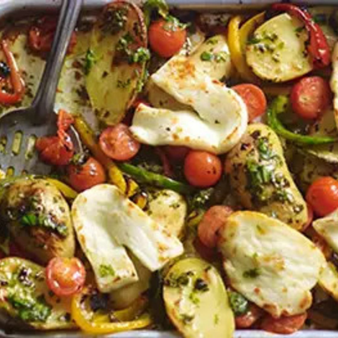 Mediterranean roasted halloumi with basil dressing