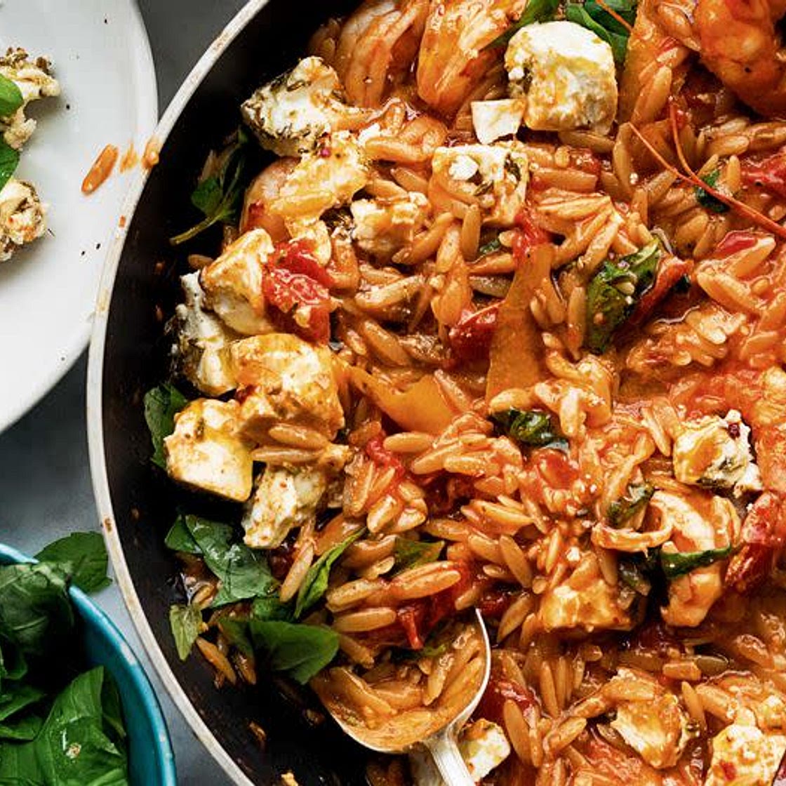 Ottolenghi’s Orzo with Prawns, Tomato and Marinated Feta