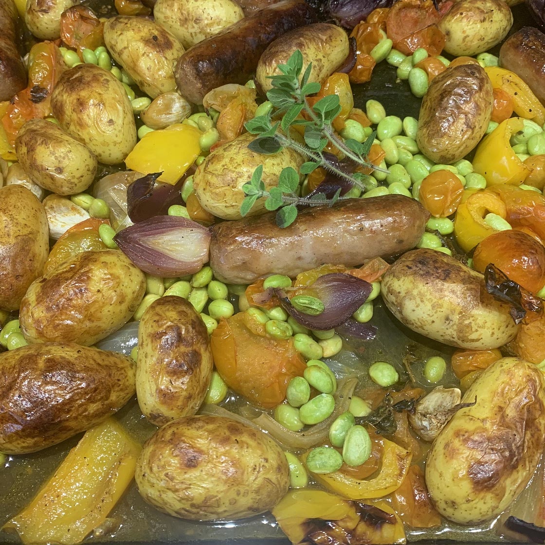 Sausage, Bean, New Potato and Tomato Traybake