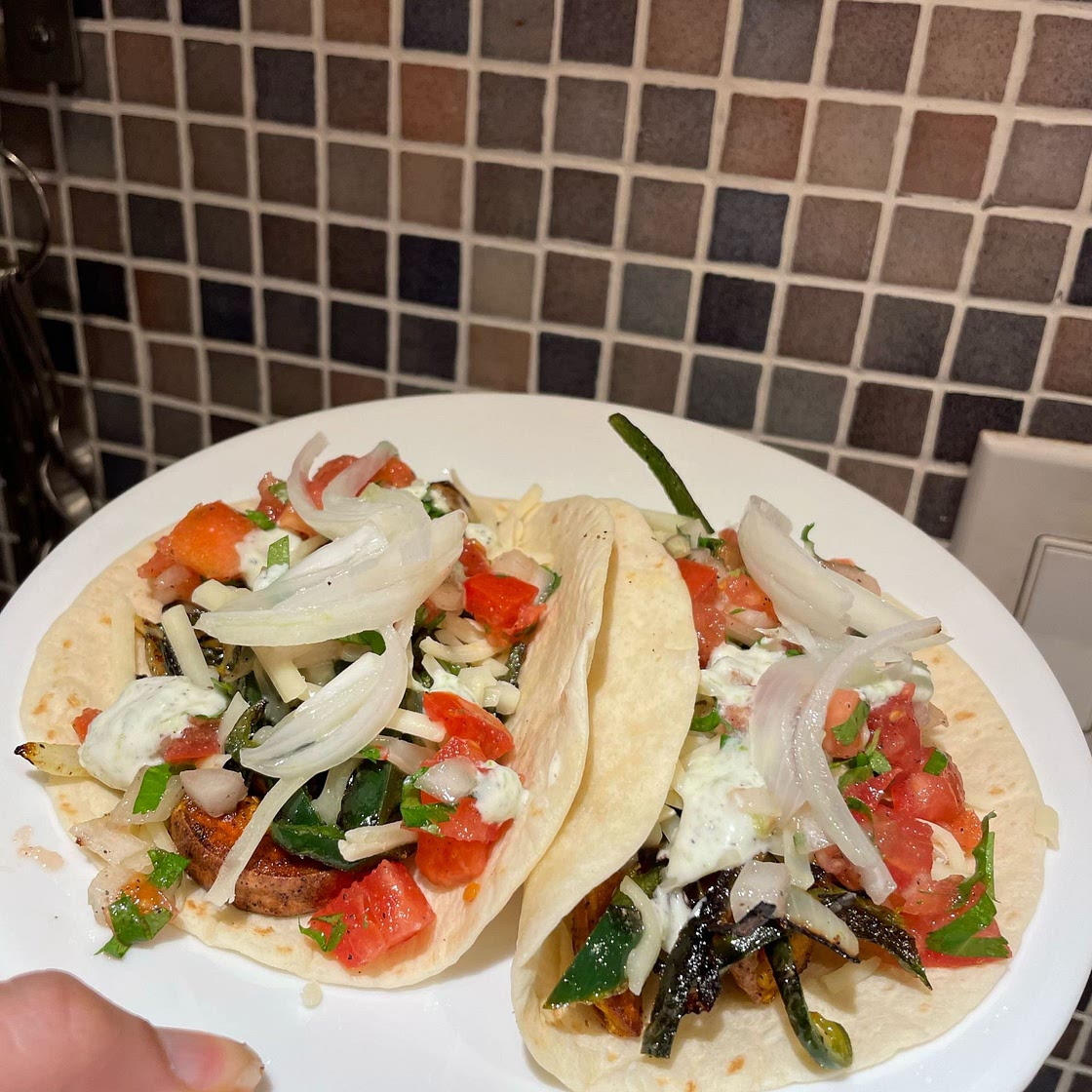 Sweet Potato Fajitas with Pepper Jack, Pickled Onion & Lime Crema