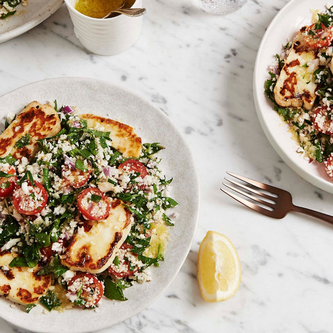 Raw Cauliflower & Lemon Tabouli With Grilled Haloumi