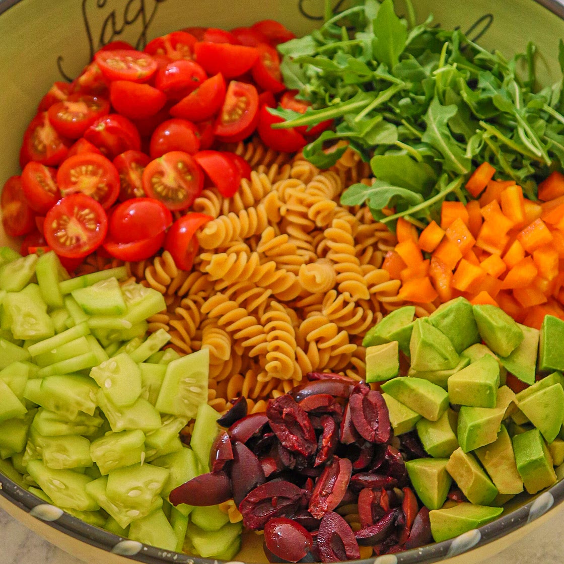 Rainbow Pasta Salad with Creamy Italian Dressing (vegan, gluten free, grain free)
