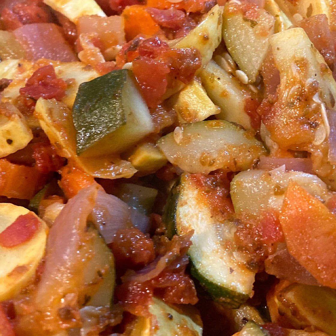 Squash, carrots, tomatoes, and onions