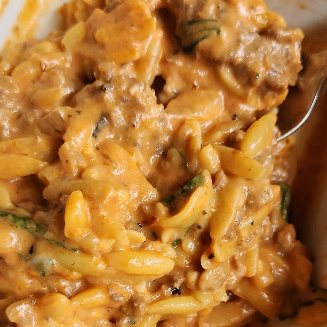 Ground Beef Orzo with Tomato Cream Sauce