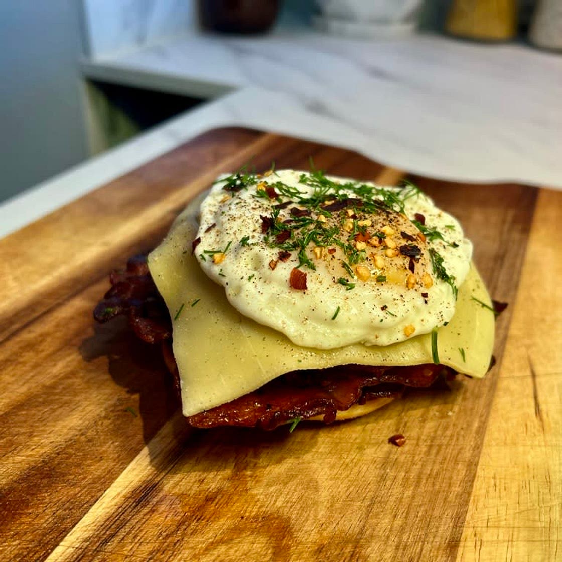Bacon, Egg & Hash-brown Bagel.