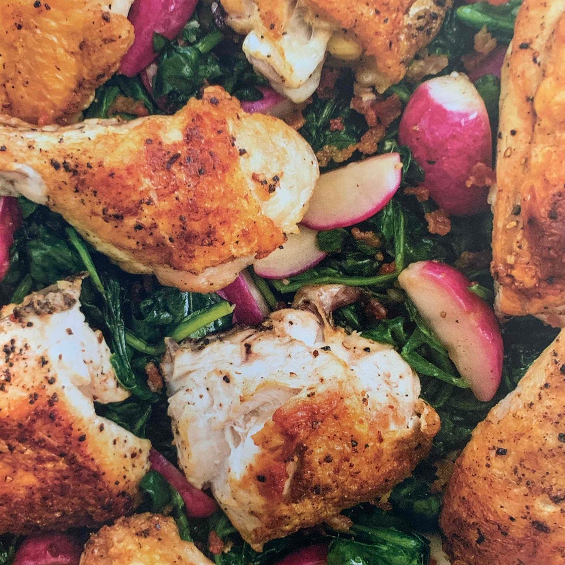 Crispy chicken with sauteed radishes, spinach and bacon