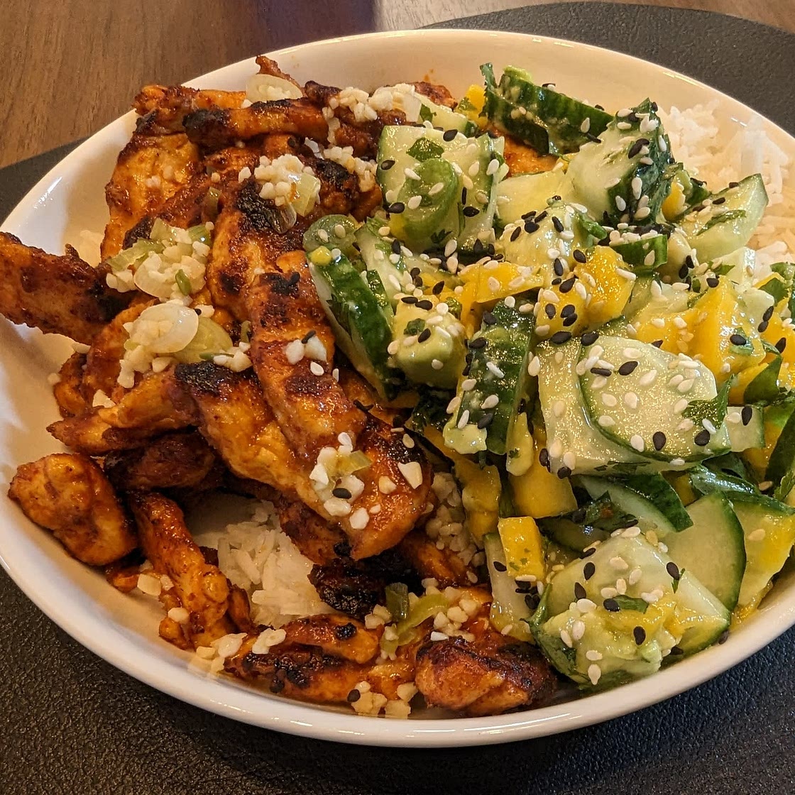 Chili Crisp Chicken Mango Cucumber Rice Bowl
