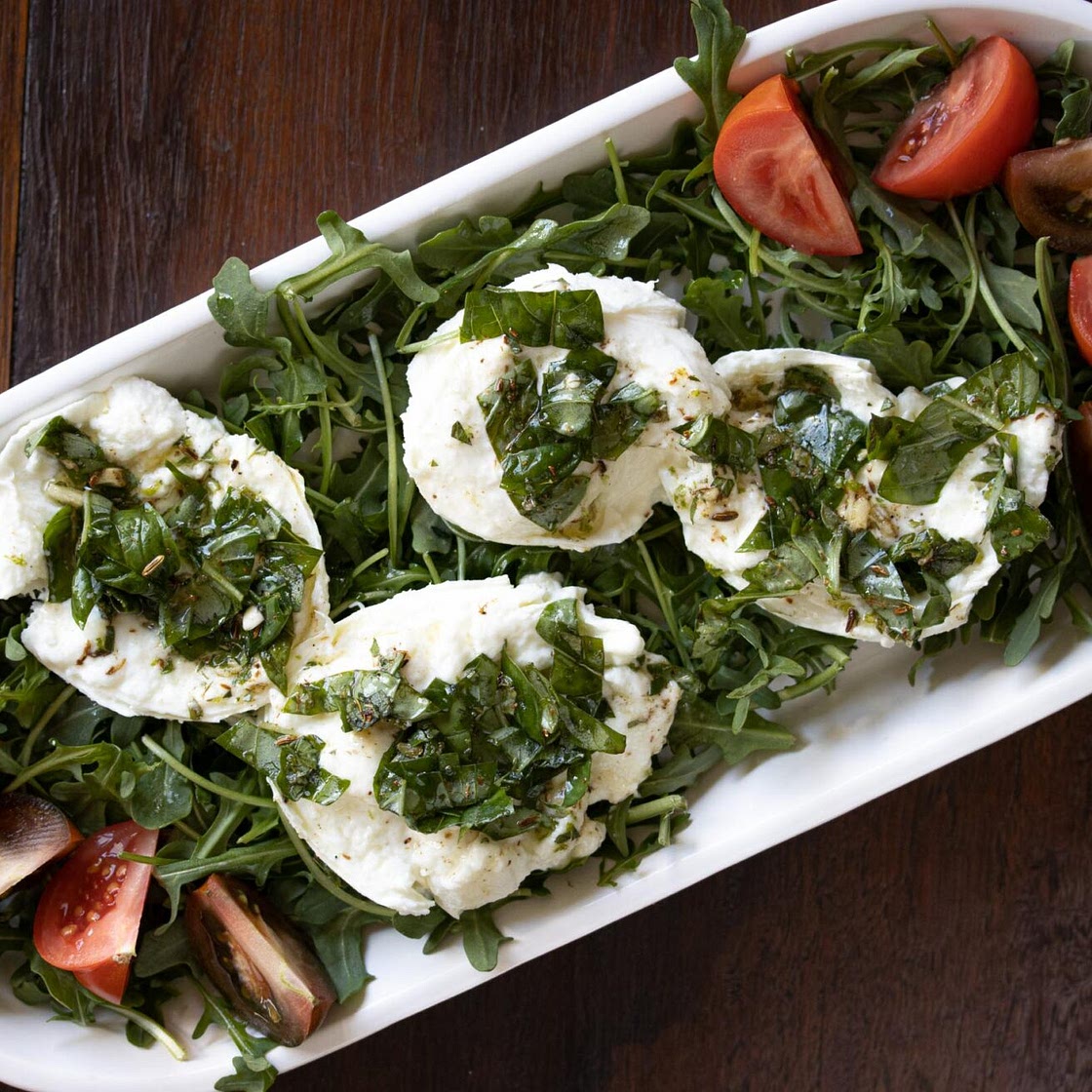 Buffalo Mozzarella Marinated with Tomatoes & Arugula