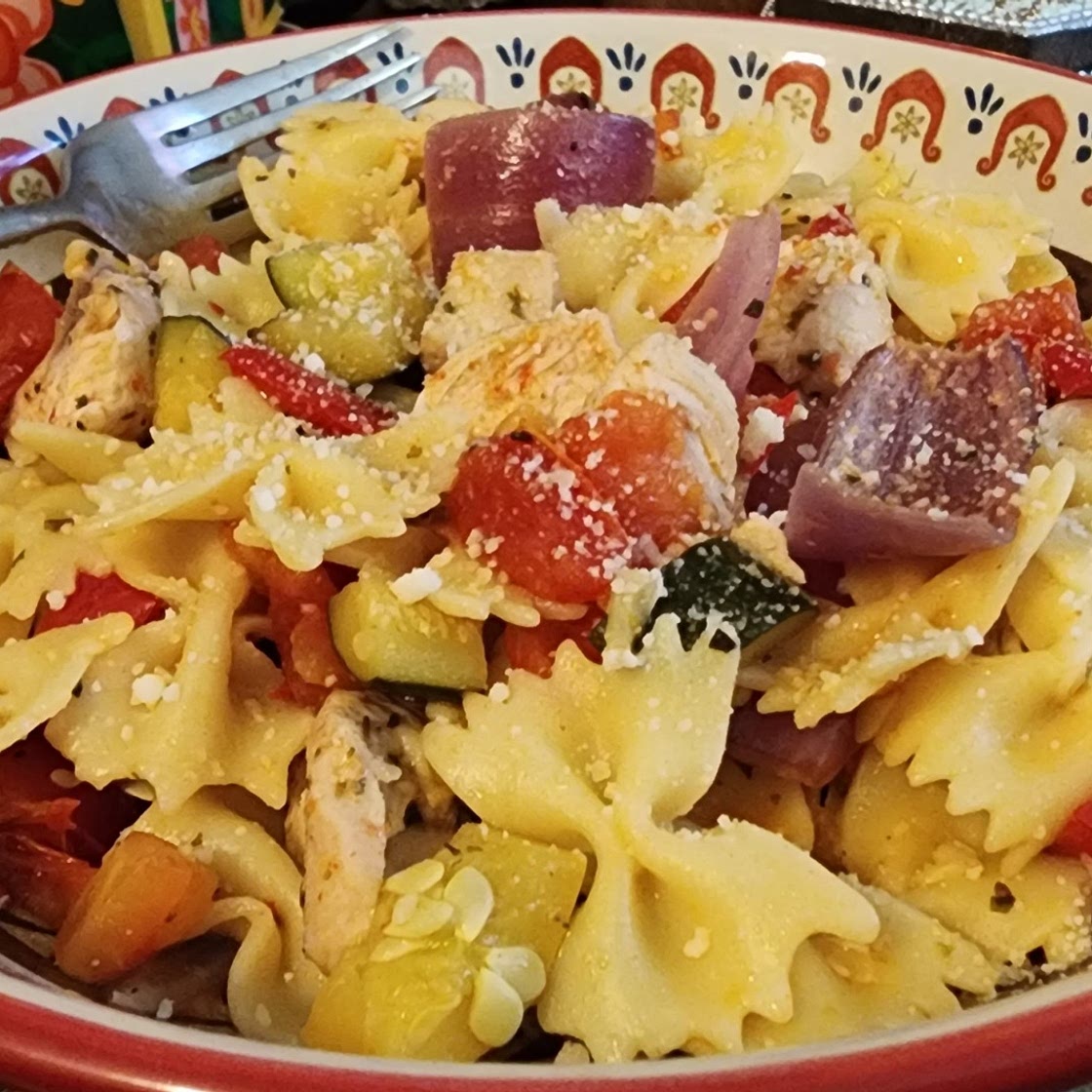 Roasted veggies, with pasta, and sauteed chicken