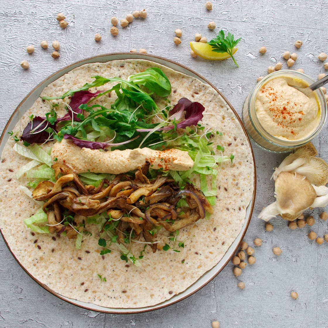 Oyster mushrooms and hummus wrap