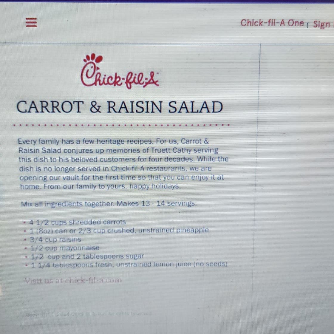 Chic fil a carrot and raisin salad