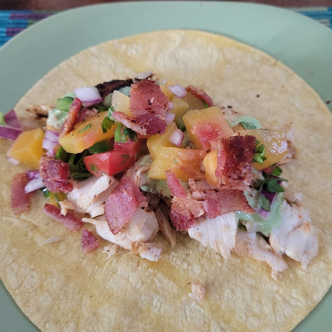 Blackened Mahi-Mahi Tacos with Peach Pico de Gallo and Cilantro Lime Sauce