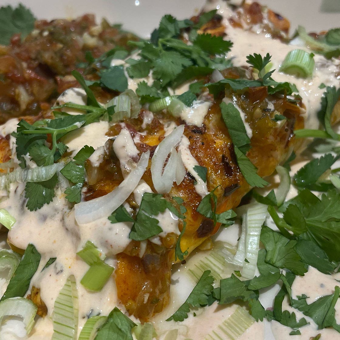 Salsa Verde Chicken Enchiladas with Mexican Cheese & Hot Sauce Crema