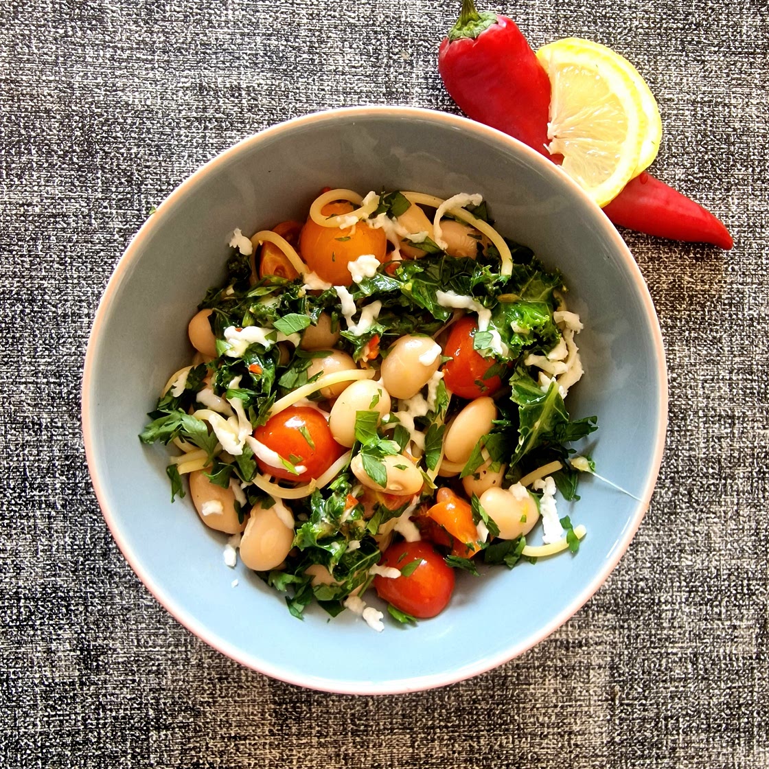 Pantry Pasta with Butterbeans, Kale and Tomato