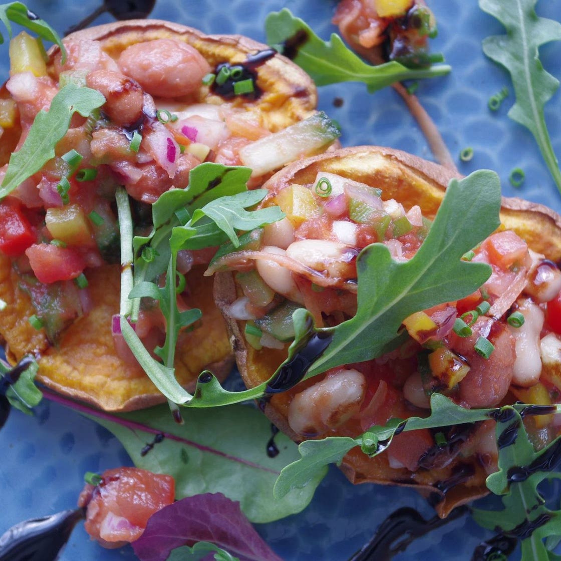 Bean salsa on a baked sweet potato