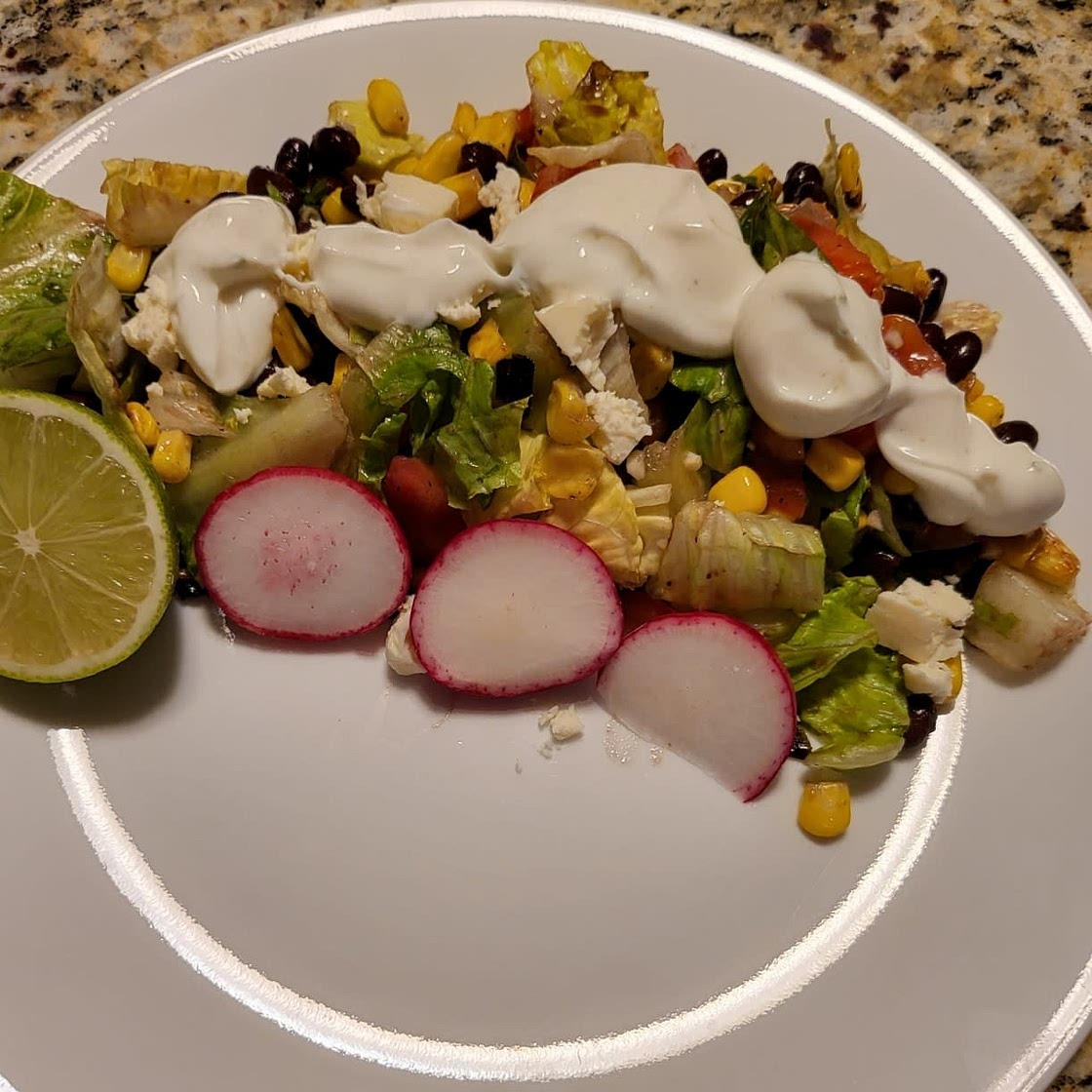 Mexican Street Corn Salad with Black Beans, Radish, Feta & Lime Crema