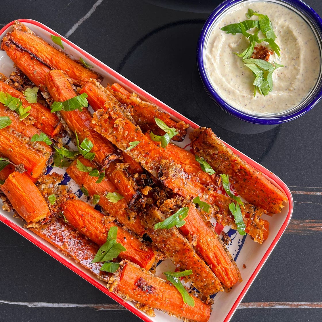 Crispy Roasted Parmesan Carrots with Creamy Spicy Honey Mustard