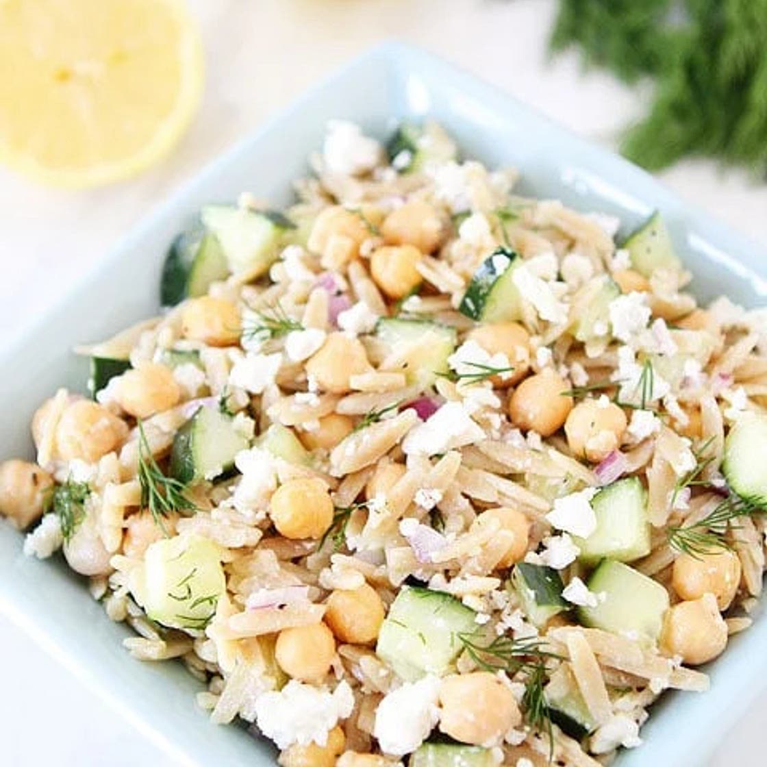 Orzo Salad with Chickpeas, Cucumbers, Lemon, Dill, & Feta