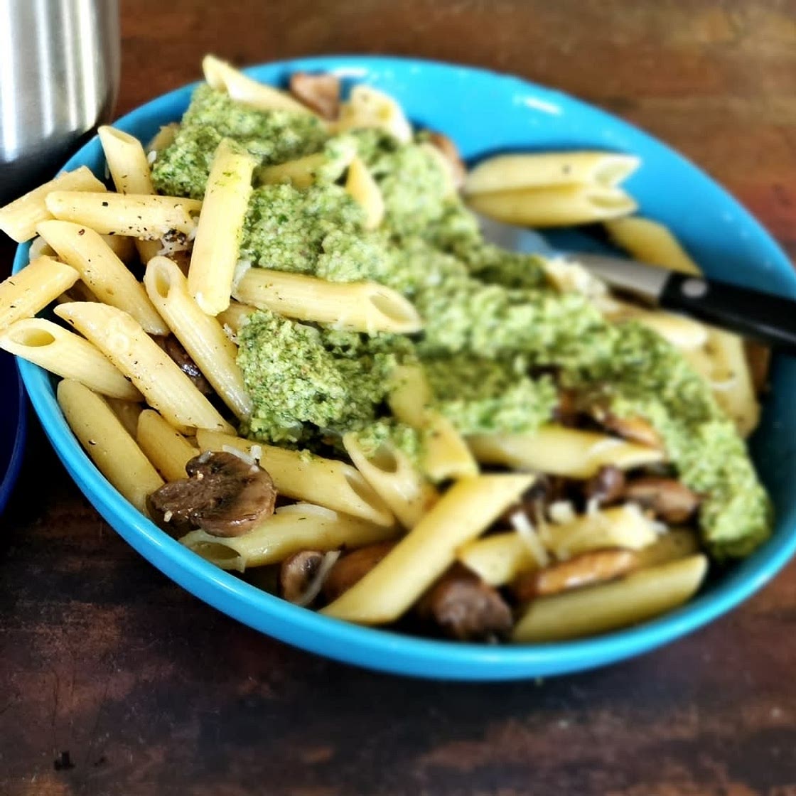 Simple Mushroom Penne with Walnut Pesto