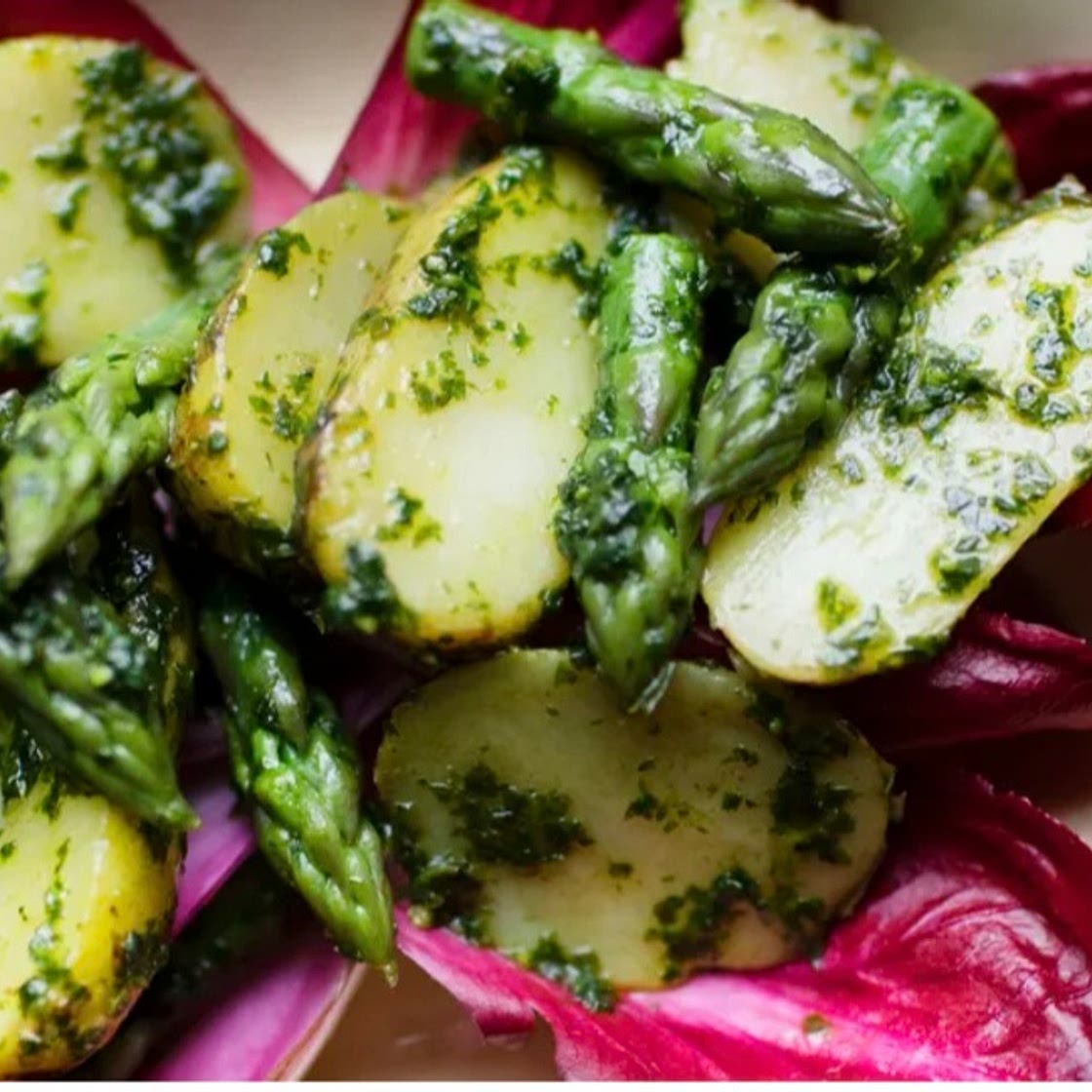 Asparagus and new potatoes with coriander pesto
