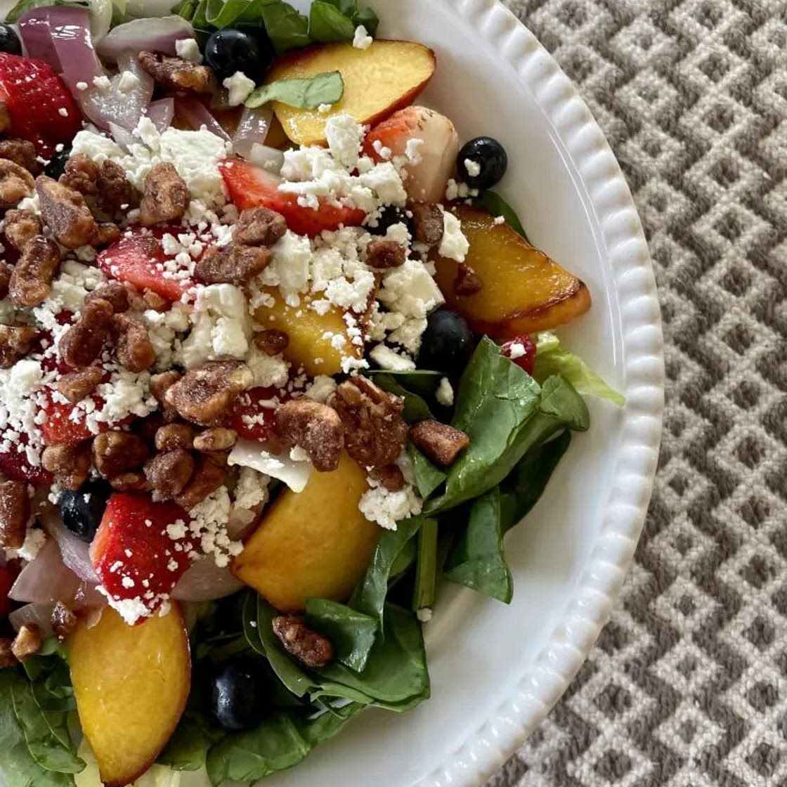 grilled romaine salad with peaches