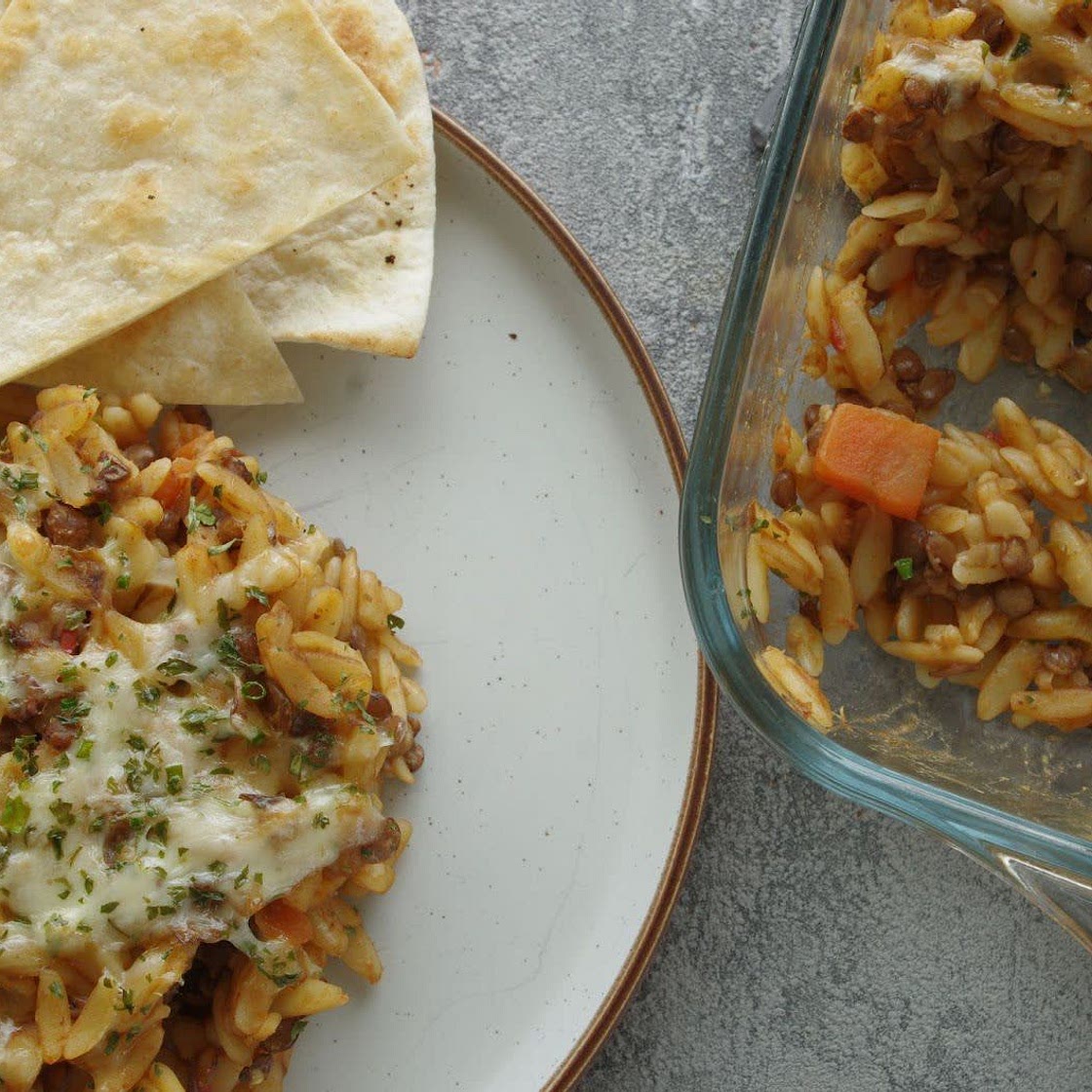 Orzo Lentil stew pasta bake