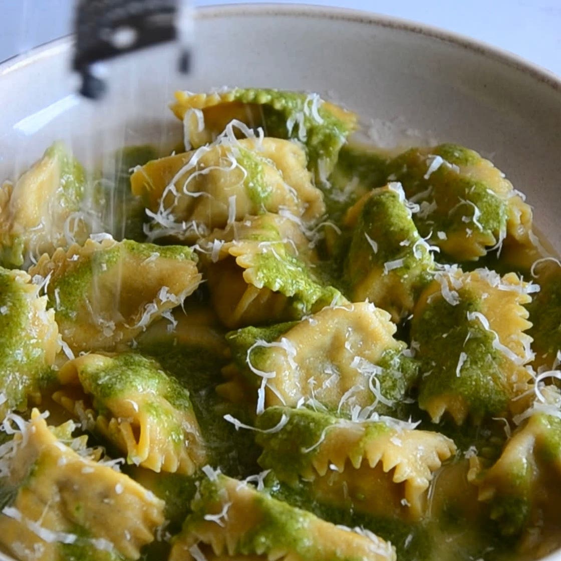 Chicken Agnolotti with basil pesto and lemon