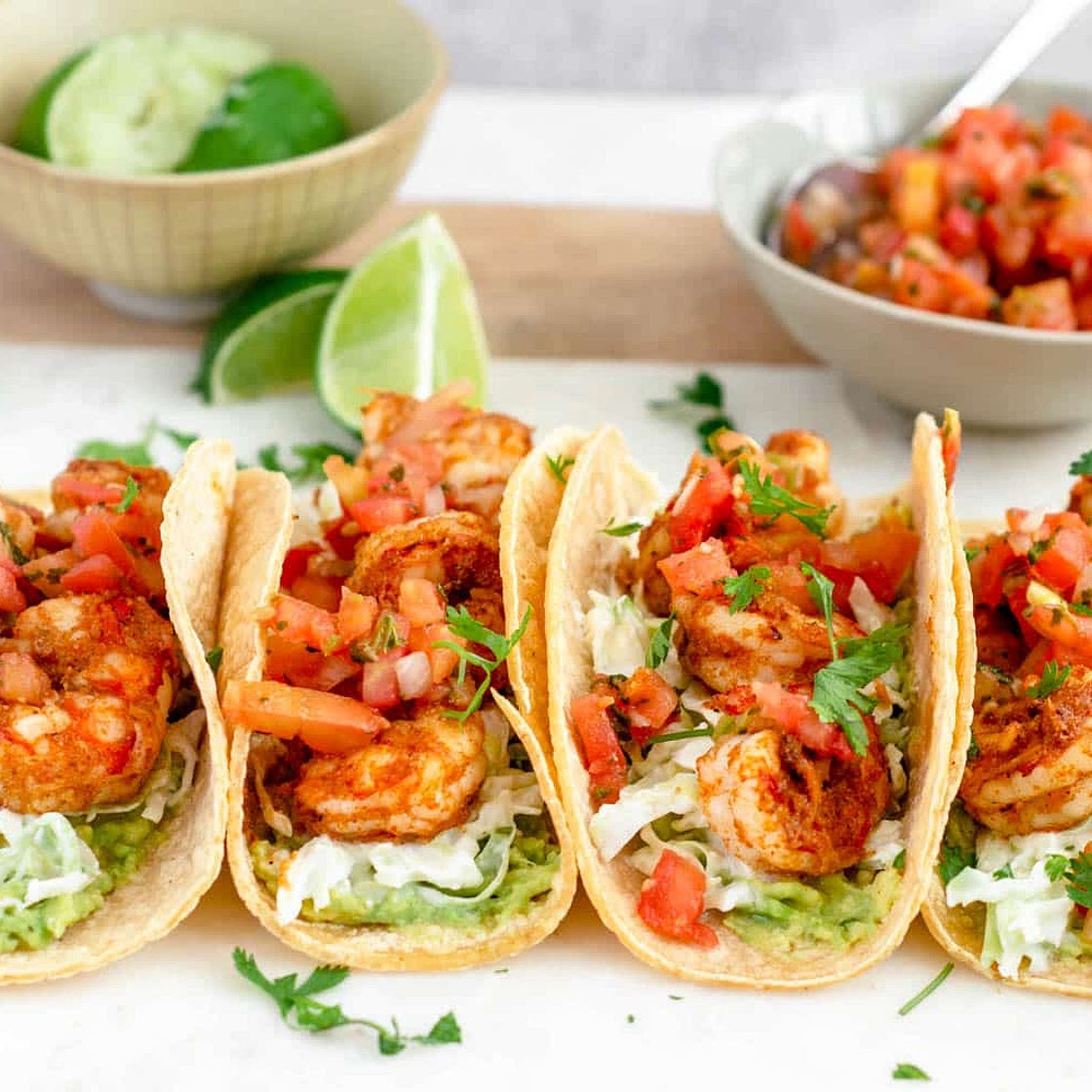 Shrimp Tacos with Cabbage Slaw and Smashed Avocado