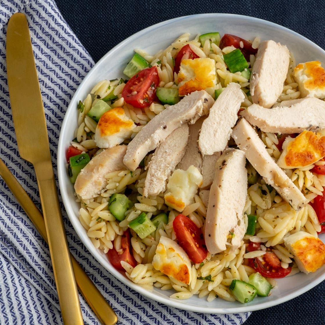 Greek Orzo Salad with Halloumi and Chicken