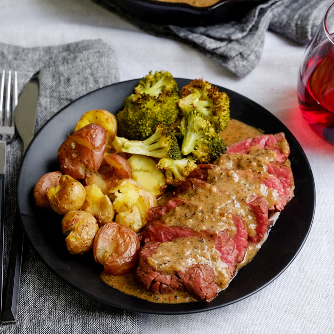 Steak au Poivre with Smashed Potatoes
