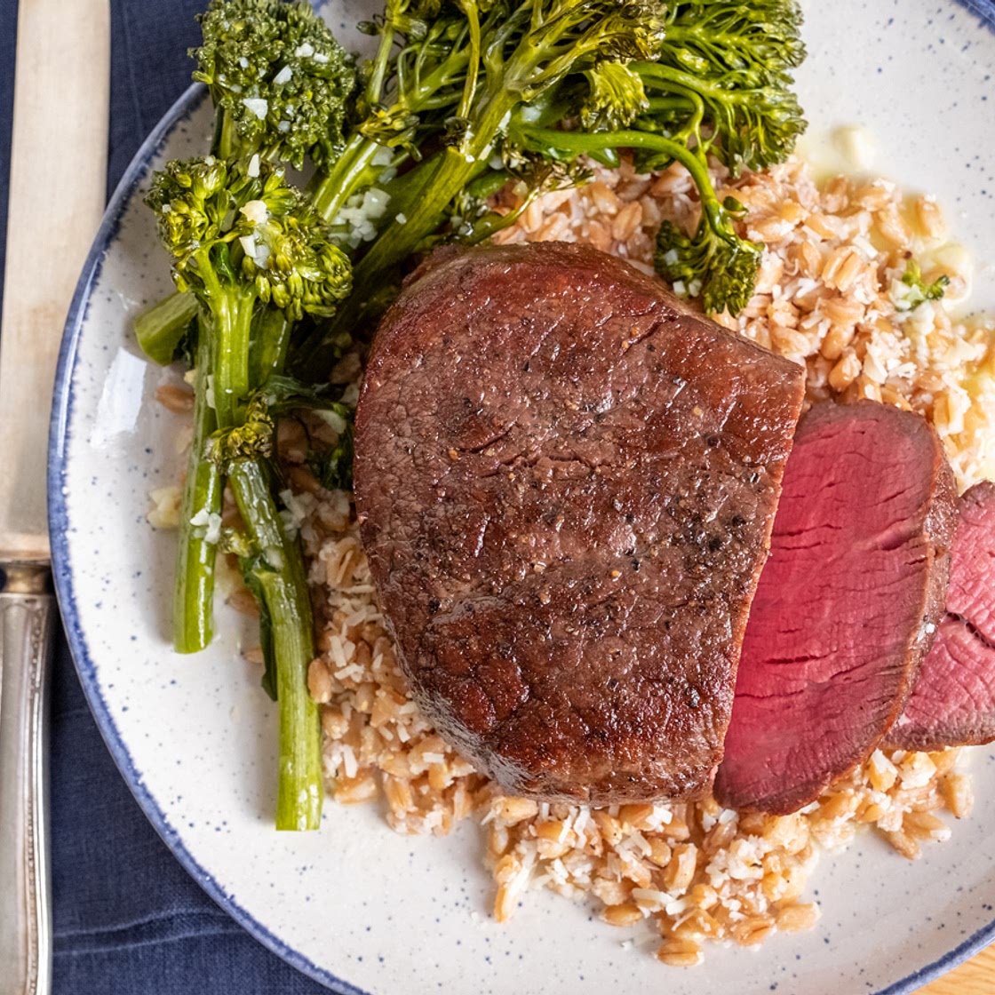Seared Filet Mignon with Farro and Garlicky Broccoli Rabe