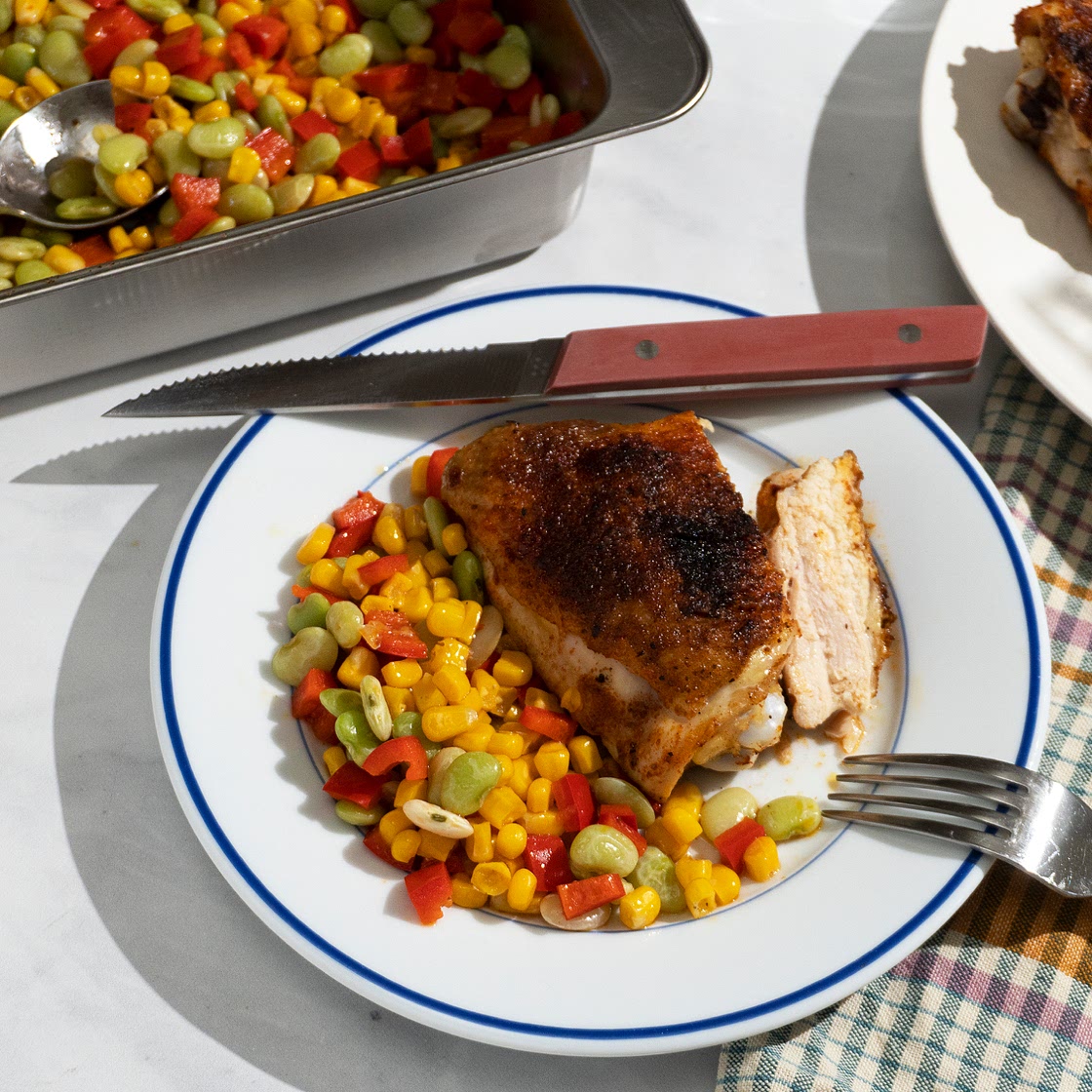 Crispy Chicken Thighs & Simple Succotash